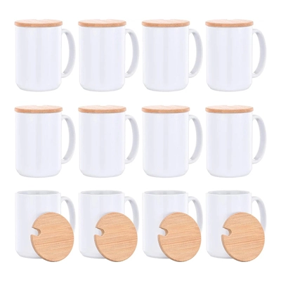 15 OZ Sublimation Mugs Blank with Bamboo Lid White Coffee Mugs for Sublimation