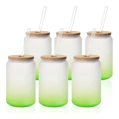 13 OZ Sublimation Glass Cans Blanks Frosted Green with Bamboo Lid and Clear Glass Straw