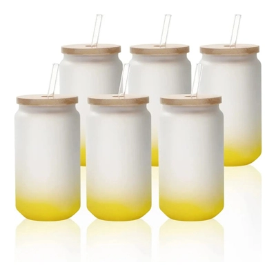 18 OZ Sublimation Glass Cans Blanks Frosted Lemon Yellow with Bamboo Lid and Clear Glass Straw