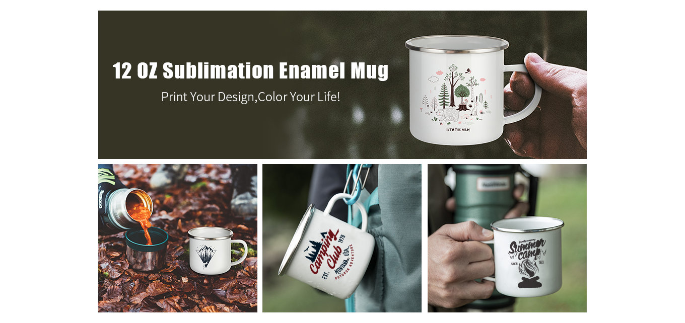 Feature of 12 OZ Sublimation Blanks Enamel Mug White Camping Outdoor Mug with Silver Rim