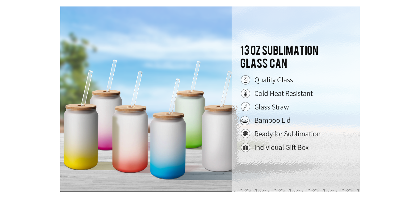 Feature of 13 OZ Sublimation Glass Cans Blanks Frosted Green with Bamboo Lid and Clear Glass Straw