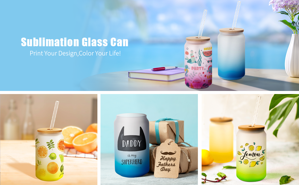 Feature of 13 OZ Sublimation Glass Cans Blanks Frosted with Bamboo Lid and Clear Glass Straw