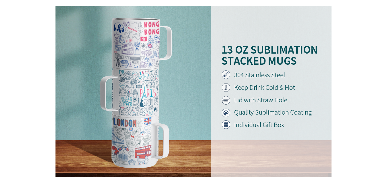 Feature of 13 OZ Sublimation Mugs Tumbler Cups Stainless Steel Stacked Mugs Set