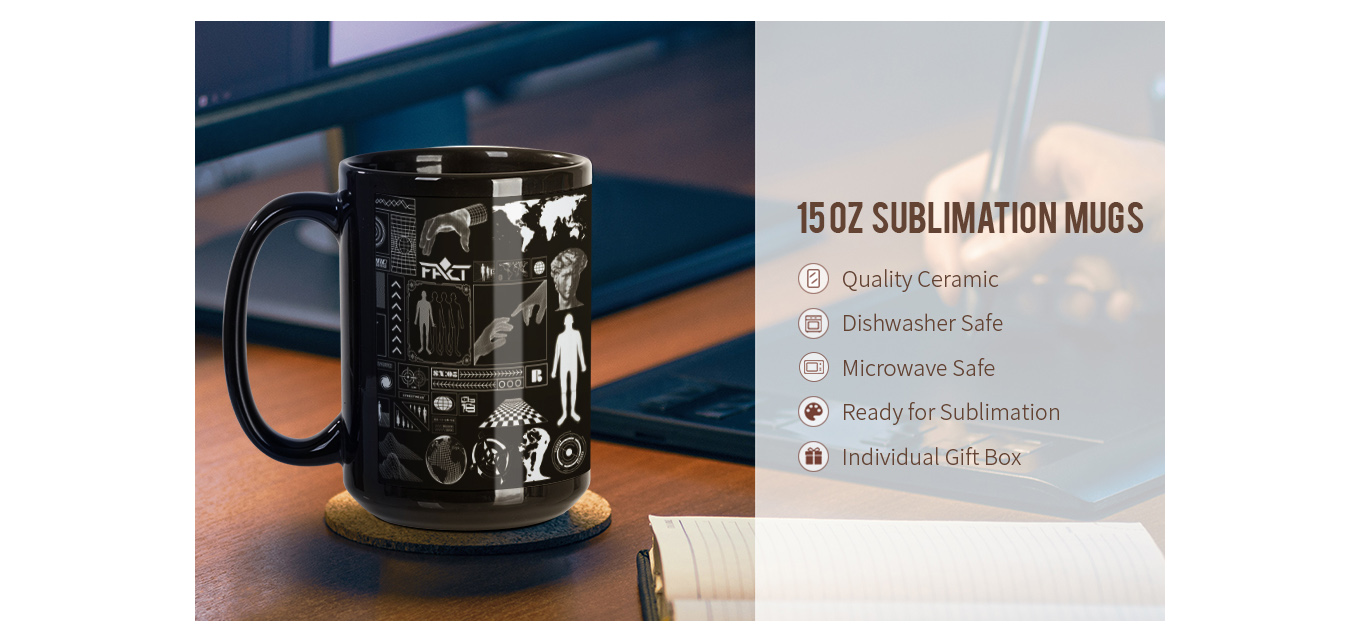 Feature of 15 OZ Sublimation Coffee Mugs Blanks Black with White Patch Ceramic Photo Mugs