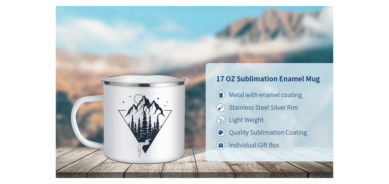 Feature of 17 OZ Sublimation Blanks Enamel Mug White Camping Metal Mug with Silver Rim