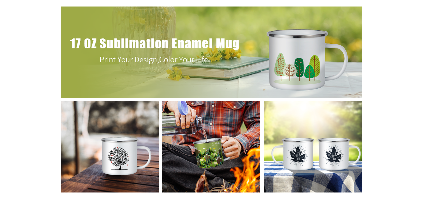 Feature of 17 OZ Sublimation Blanks Enamel Mug White Camping Metal Mug with Silver Rim