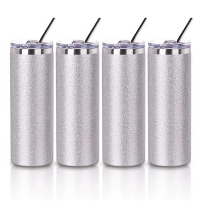 20 OZ Sublimation Blanks Glitter Tumbler Skinny Silver Straight Stainless Steel Tumbler