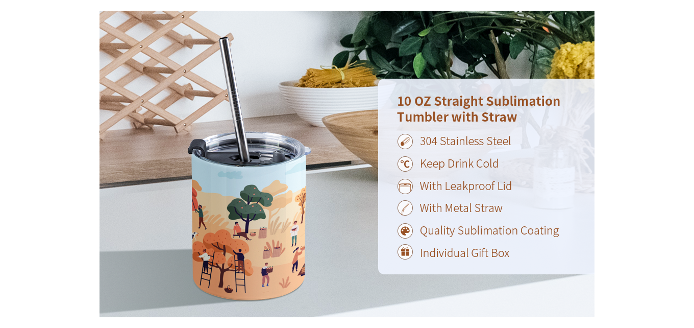 Feature of 10 OZ Sublimation Blank Tumbler White Stainless Steel Tumbler with Straw and Lid