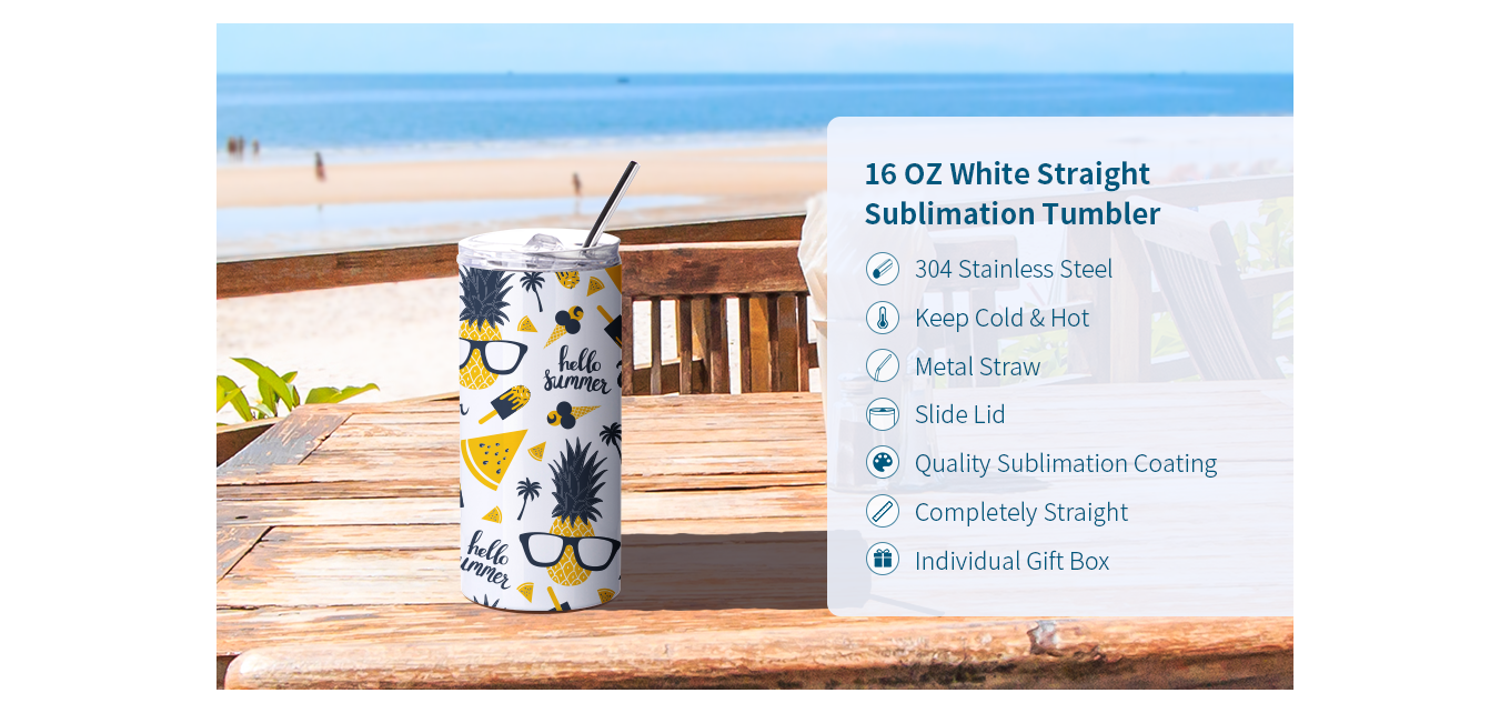 Feature of 16 OZ Straight Stainless Steel Sublimation Tumbler with Lid and Metal Straw