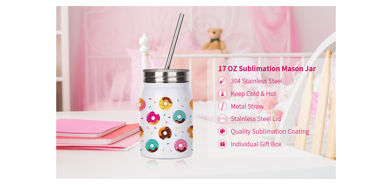 Feature of 17 OZ Sublimation Blanks Mason Jar Tumbler with Lid and Metal Straw