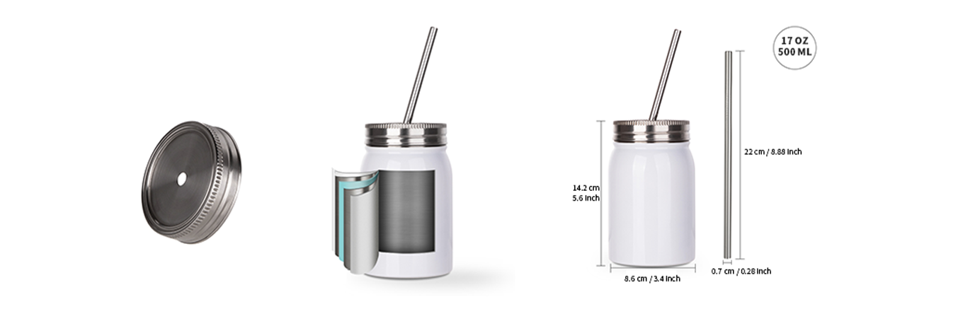 Feature of 17 OZ Sublimation Blanks Mason Jar Tumbler with Lid and Metal Straw