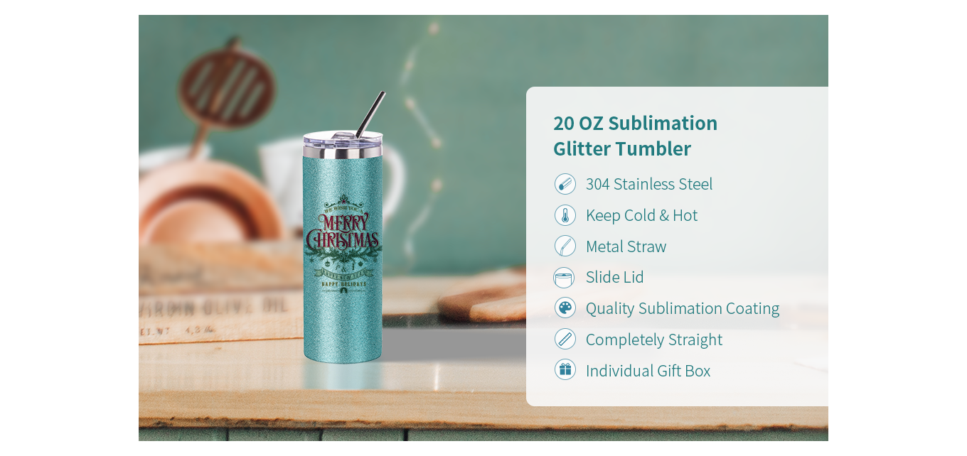 Feature of 20 OZ Sublimation Blank Glitter Skinny Tumbler Green with Metal Straw