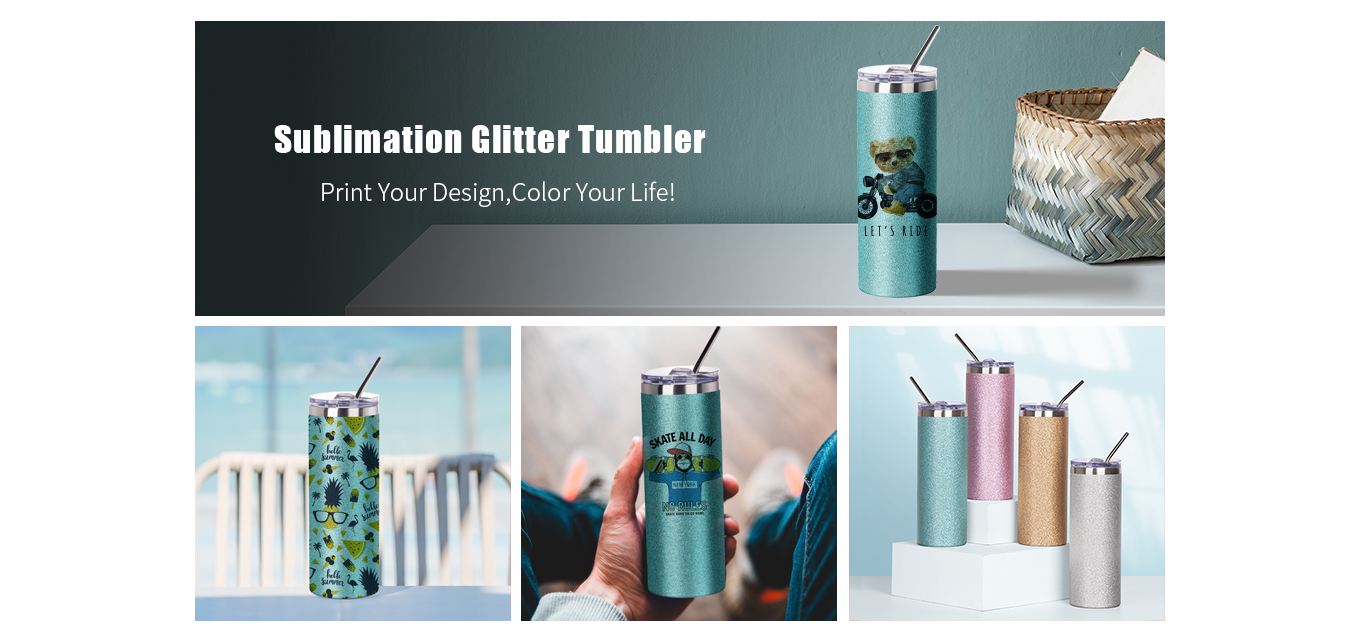 Feature of 20 OZ Sublimation Blank Glitter Skinny Tumbler Green with Metal Straw