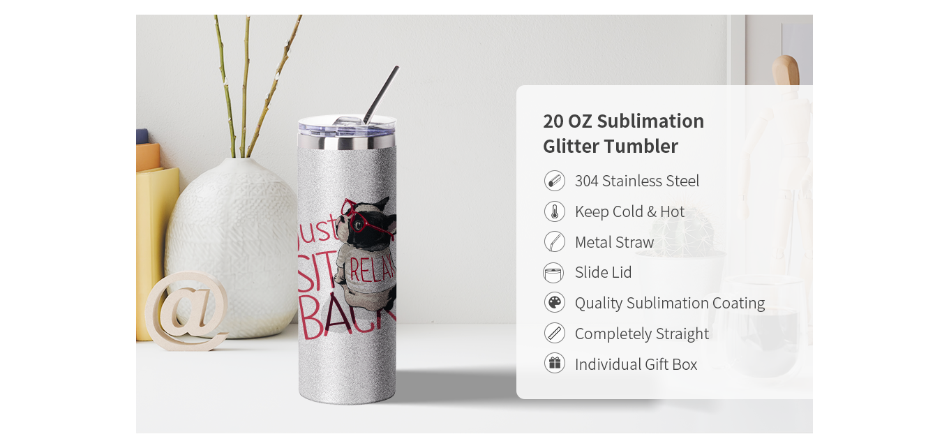 Feature of 20 OZ Sublimation Blanks Glitter Tumbler Skinny Silver Straight Stainless Steel Tumbler