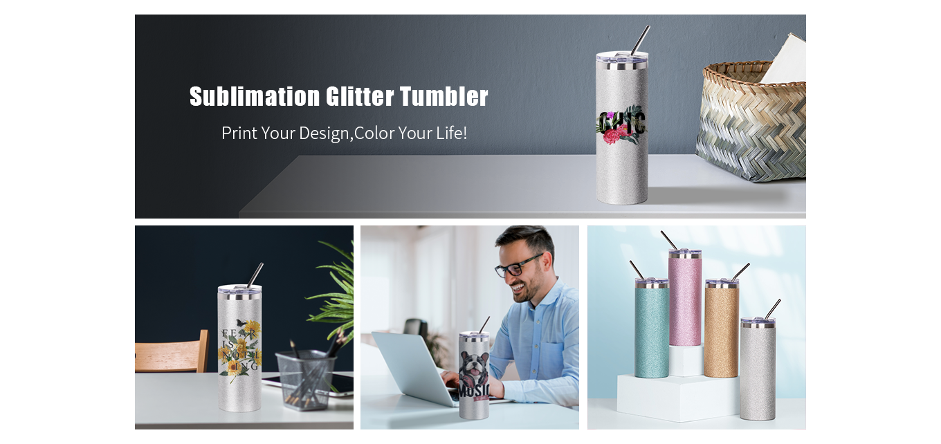 Feature of 20 OZ Sublimation Blanks Glitter Tumbler Skinny Silver Straight Stainless Steel Tumbler