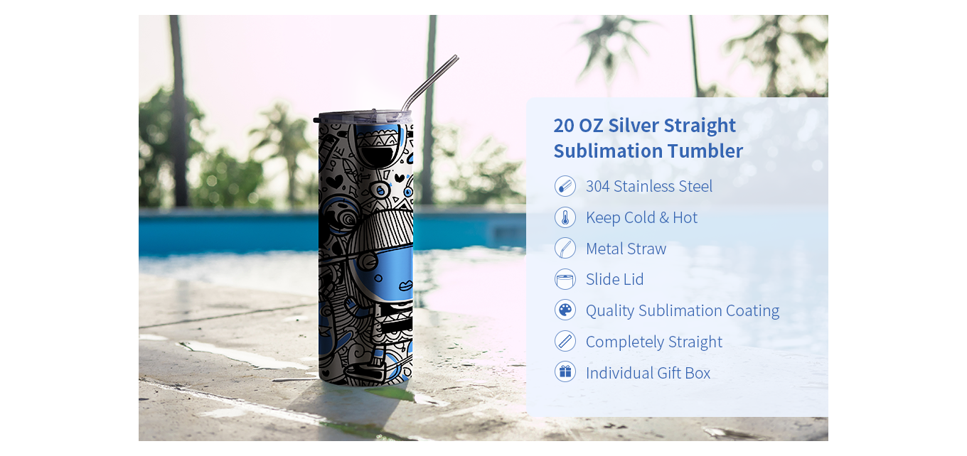 Feature of 20 OZ Sublimation Blanks Skinny Tumbler Cups Sliver Stainless Steel Straight Tumbler