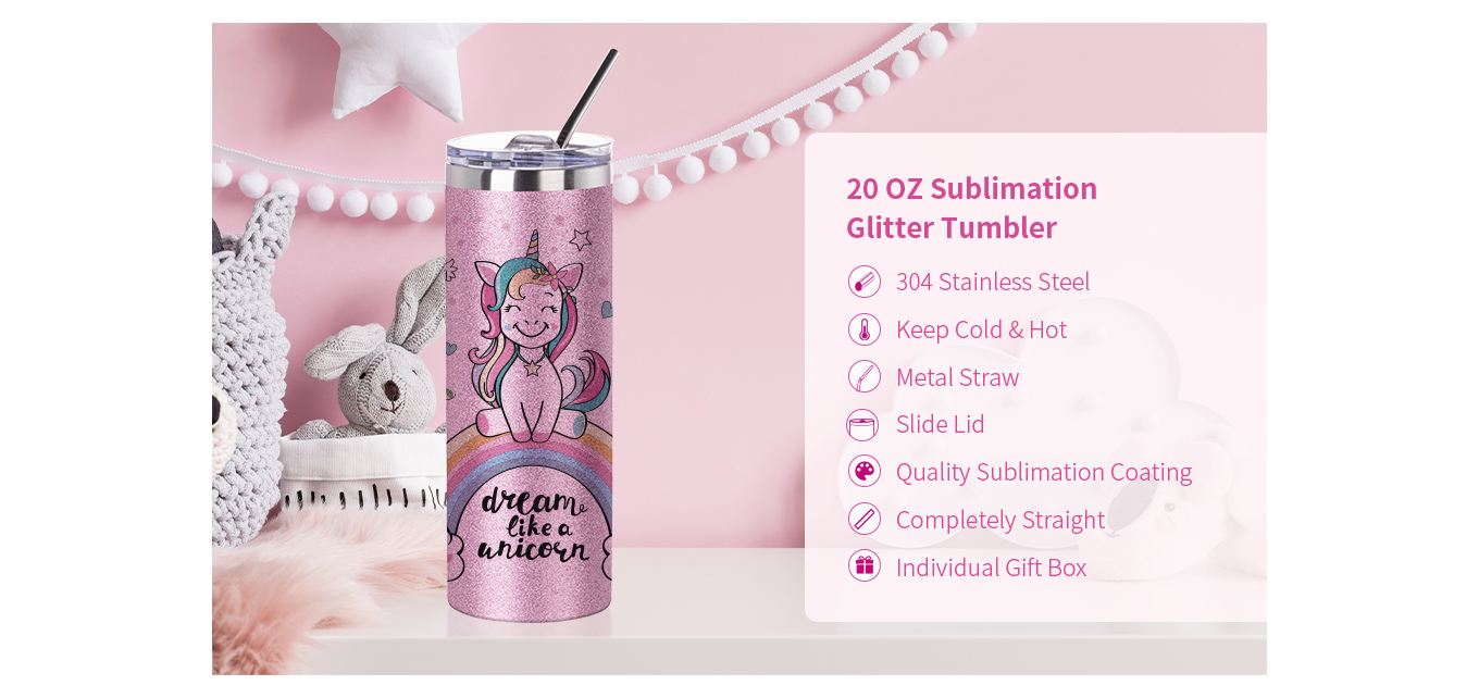 Feature of 20 OZ Sublimation Straight Skinny Tumbler Pink with Metal Straw