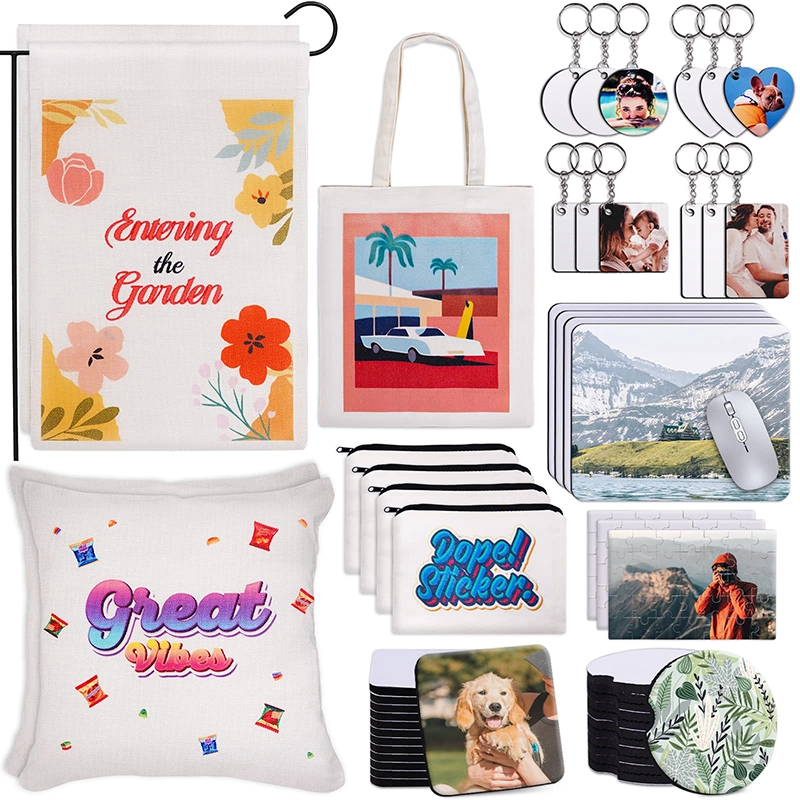 76Pcs Sublimation Blanks Products, Sublimation Keychain Blanks with Metal Chain,Mouse Pads,Car Coasters,Puzzles,Makeup Bags,Sublimation Starter Kit for Custom Design Work,Gifts